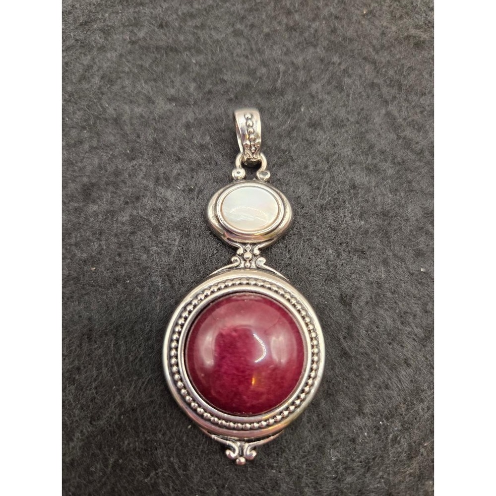 Vintage Lia Sophia Lisa Slide Pendant Red Jasper Mother of Pearl Silver Tone